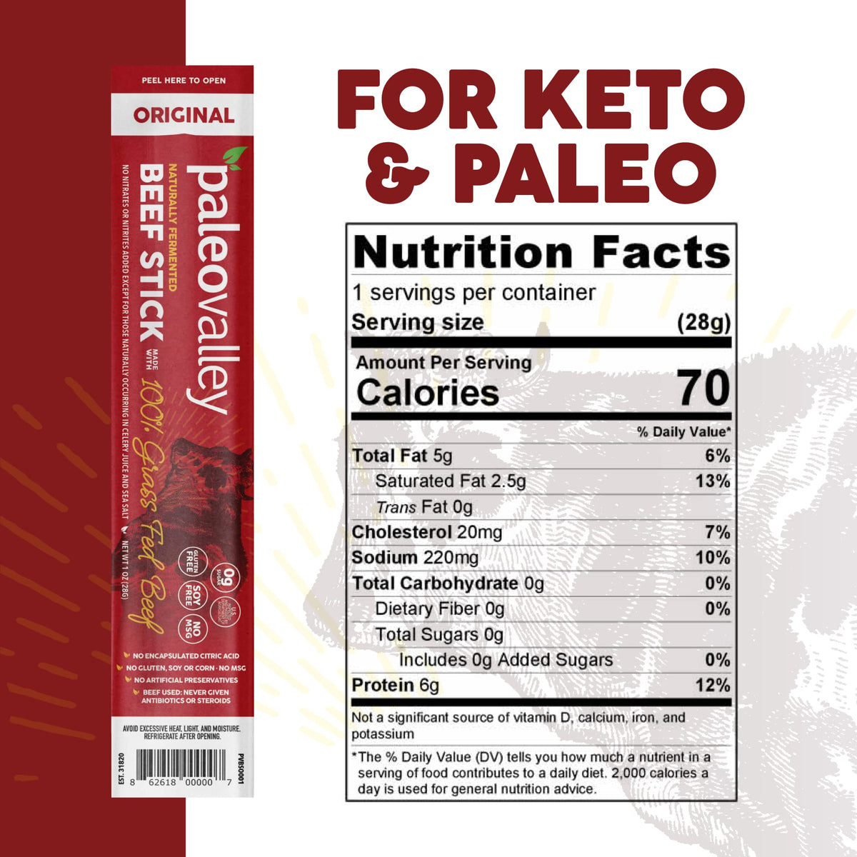 Paleovalley 100% Grass-Fed Original Beef Sticks – Gluten Free, High-Protein Keto Snack