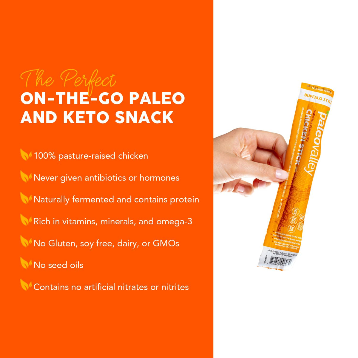 Paleovalley Pasture-Raised Chicken Sticks – 10 Pack Buffalo, 7g Protein per Stick | Keto & Gluten-Free