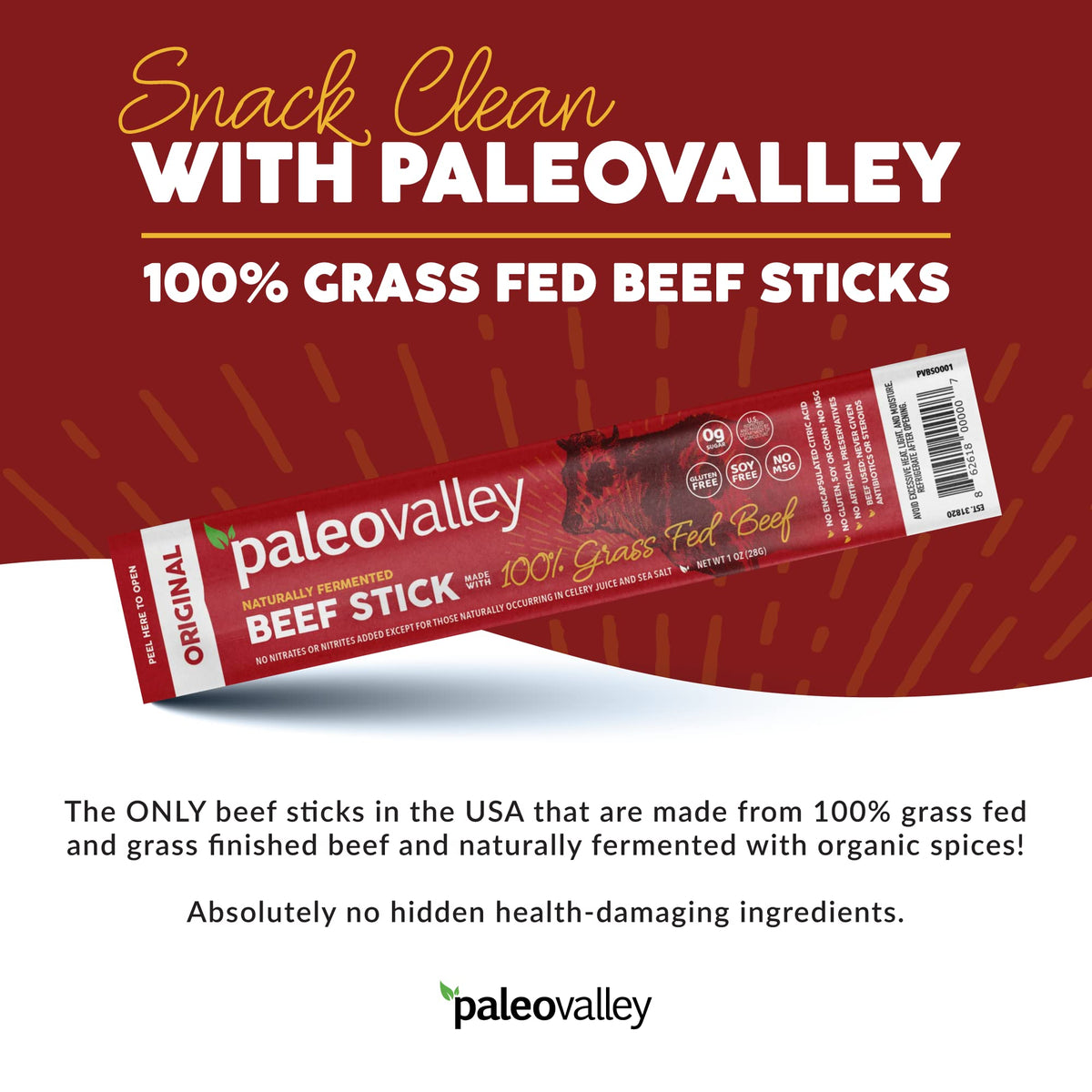 Paleovalley 100% Grass-Fed Original Beef Sticks – Gluten Free, High-Protein Keto Snack