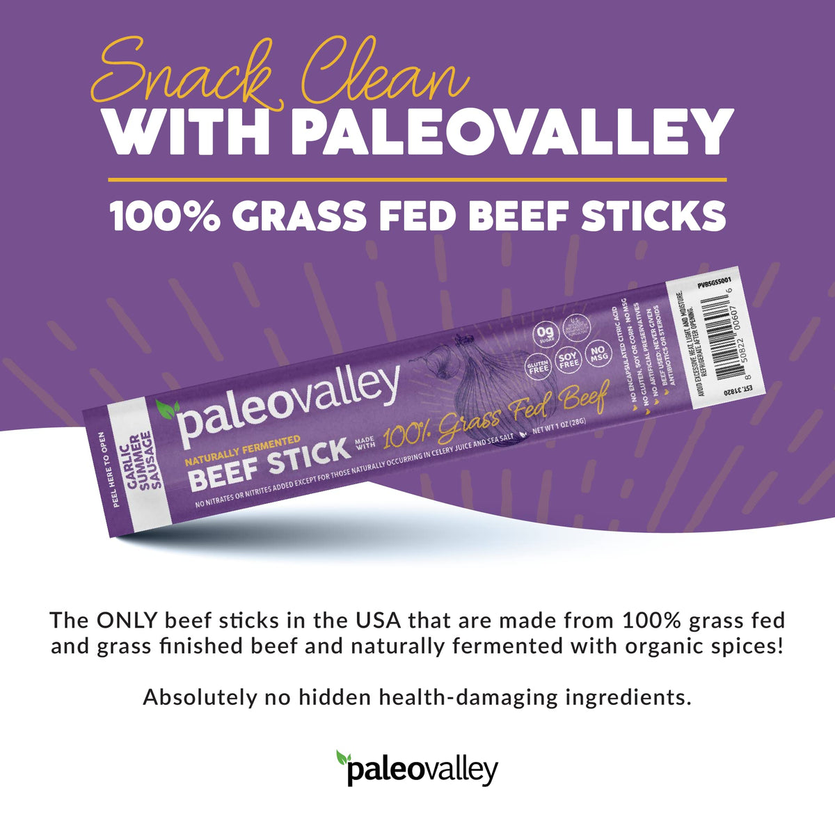 Paleovalley 100% Grass-Fed Garlic Summer Sausage Beef Sticks – Gluten-Free, High-Protein Keto Snack
