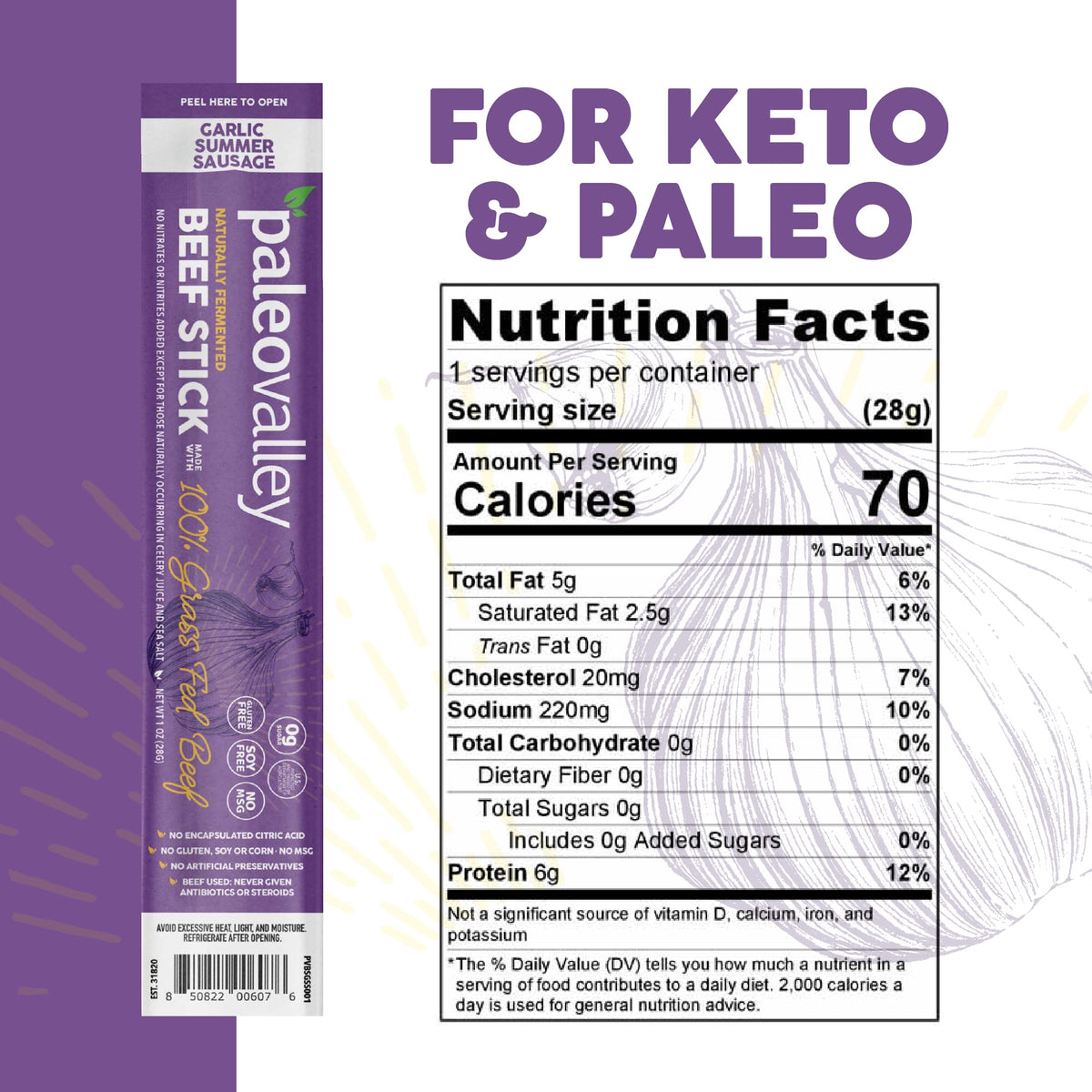 Paleovalley 100% Grass-Fed Garlic Summer Sausage Beef Sticks – Gluten-Free, High-Protein Keto Snack