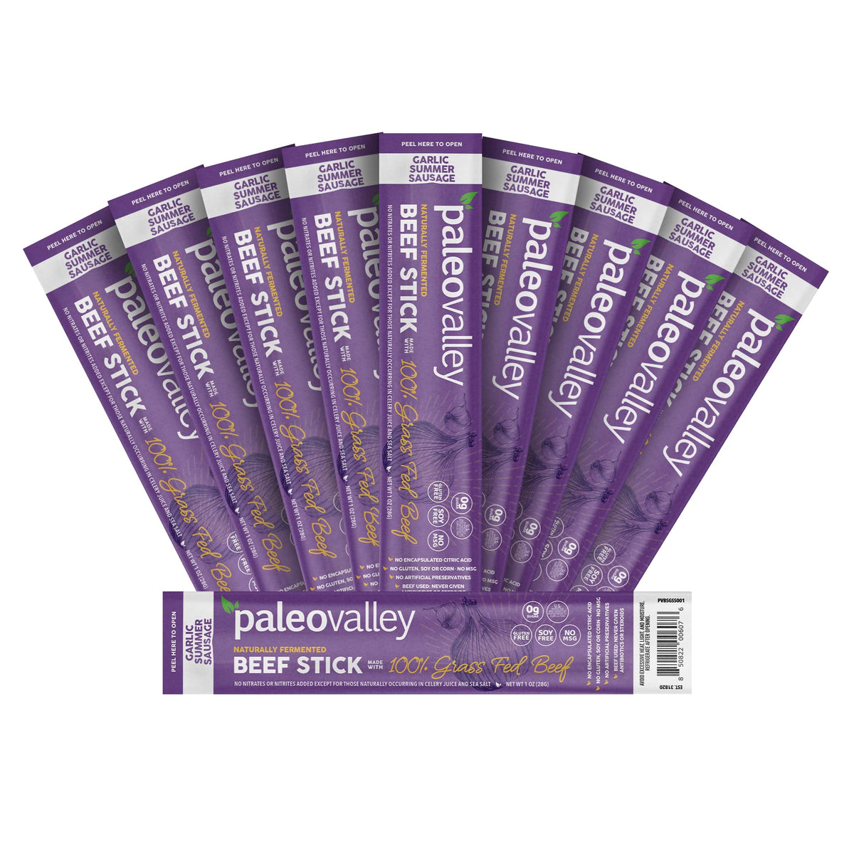 Paleovalley 100% Grass-Fed Garlic Summer Sausage Beef Sticks – Gluten-Free, High-Protein Keto Snack