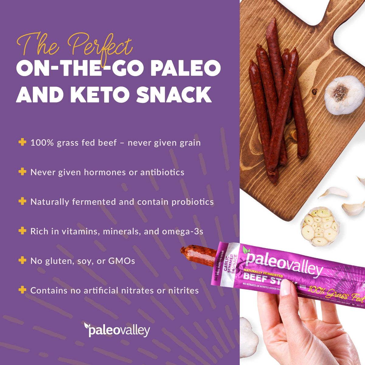 Paleovalley 100% Grass-Fed Garlic Summer Sausage Beef Sticks – Gluten-Free, High-Protein Keto Snack