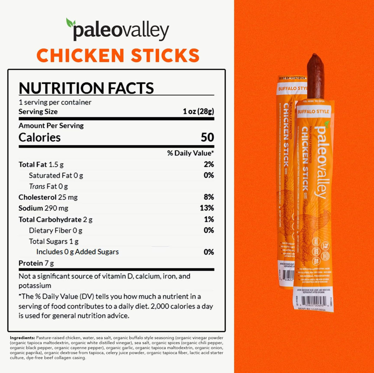 Paleovalley Pasture-Raised Chicken Sticks – 10 Pack Buffalo, 7g Protein per Stick | Keto & Gluten-Free