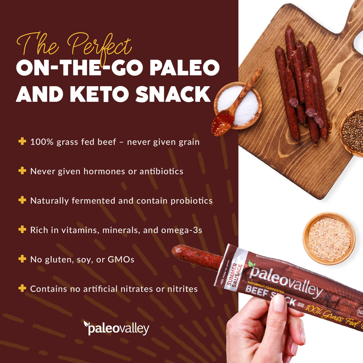 Paleovalley 100% Grass Fed Summer Sausage Beef Sticks – Gluten Free, High-Protein Keto Snack