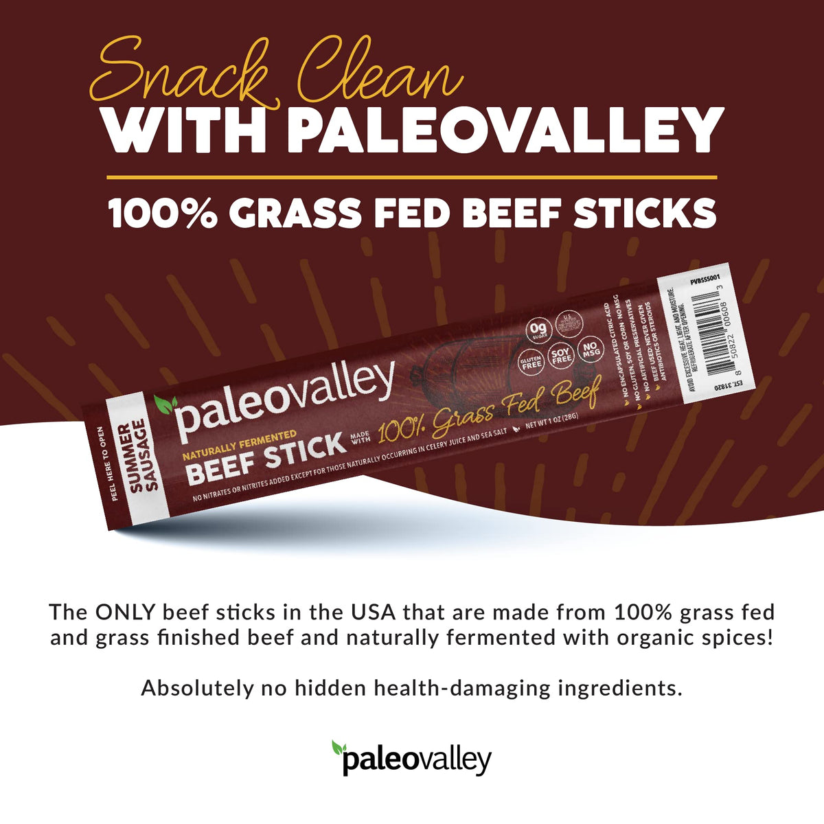 Paleovalley 100% Grass Fed Summer Sausage Beef Sticks – Gluten Free, High-Protein Keto Snack