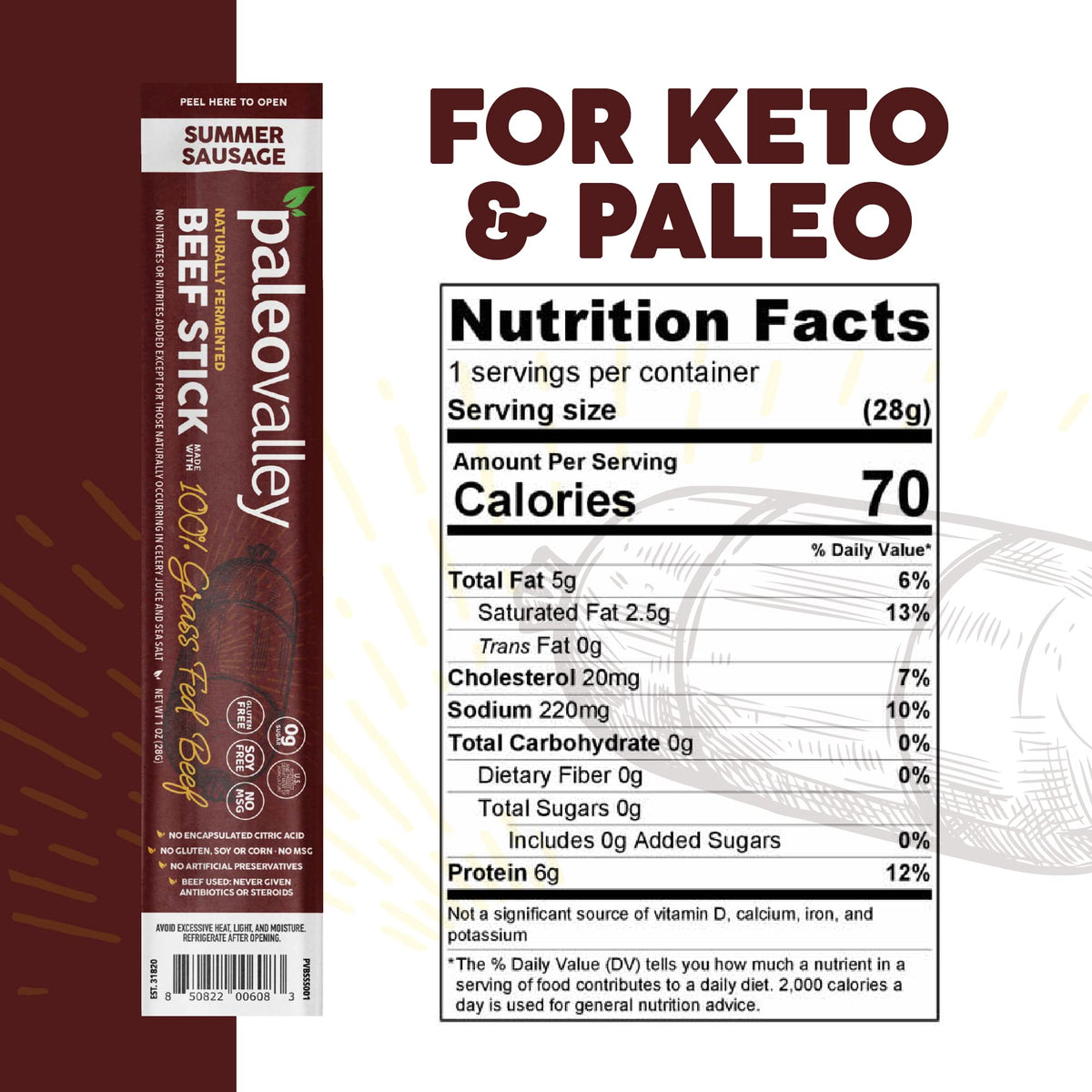 Paleovalley 100% Grass Fed Summer Sausage Beef Sticks – Gluten Free, High-Protein Keto Snack