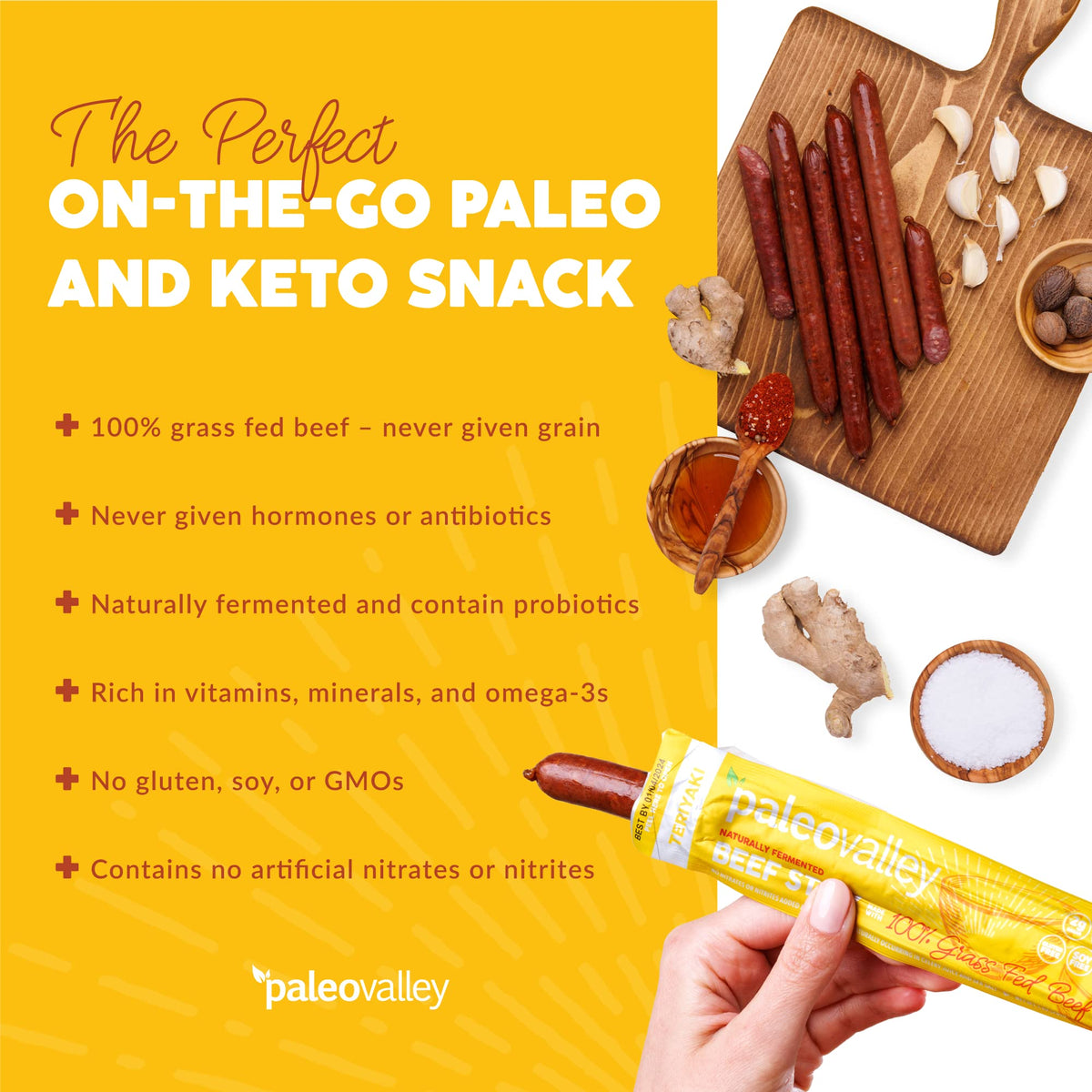 Paleovalley 100% Grass Fed Teriyaki Beef Sticks | Gluten Free, High Protein Keto Snack