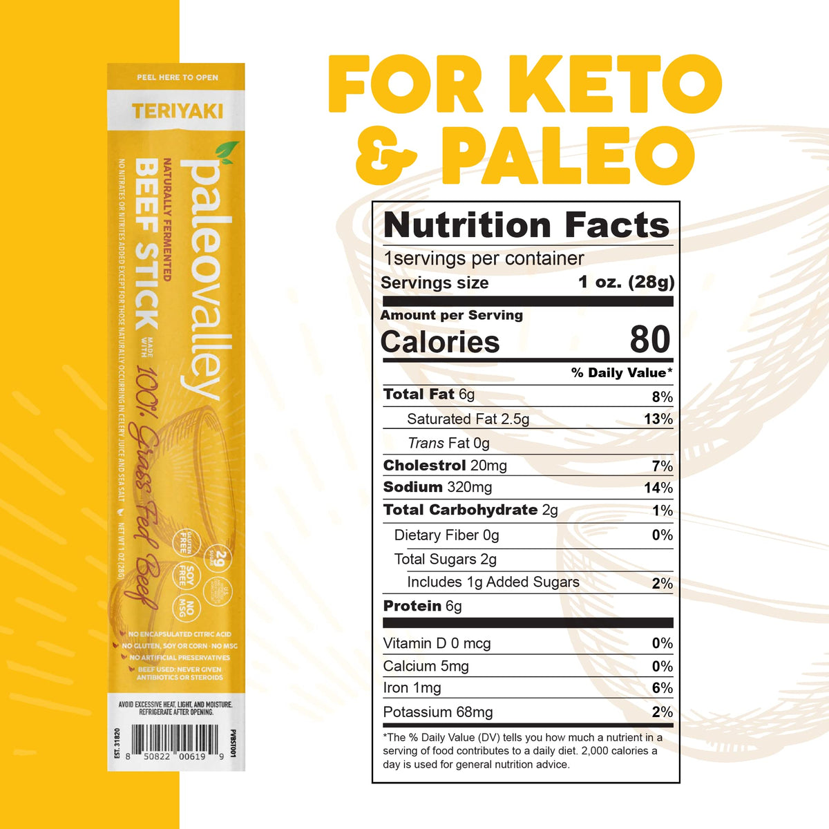 Paleovalley 100% Grass Fed Teriyaki Beef Sticks | Gluten Free, High Protein Keto Snack