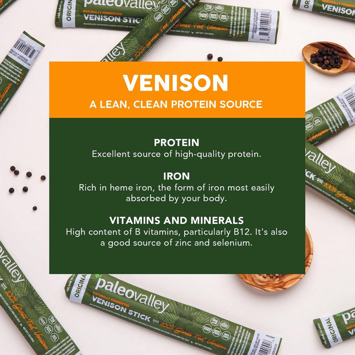 Paleovalley 100% Grass-Fed Venison Sticks – 10 Pack | Keto, High Protein, Low-Calorie Snack