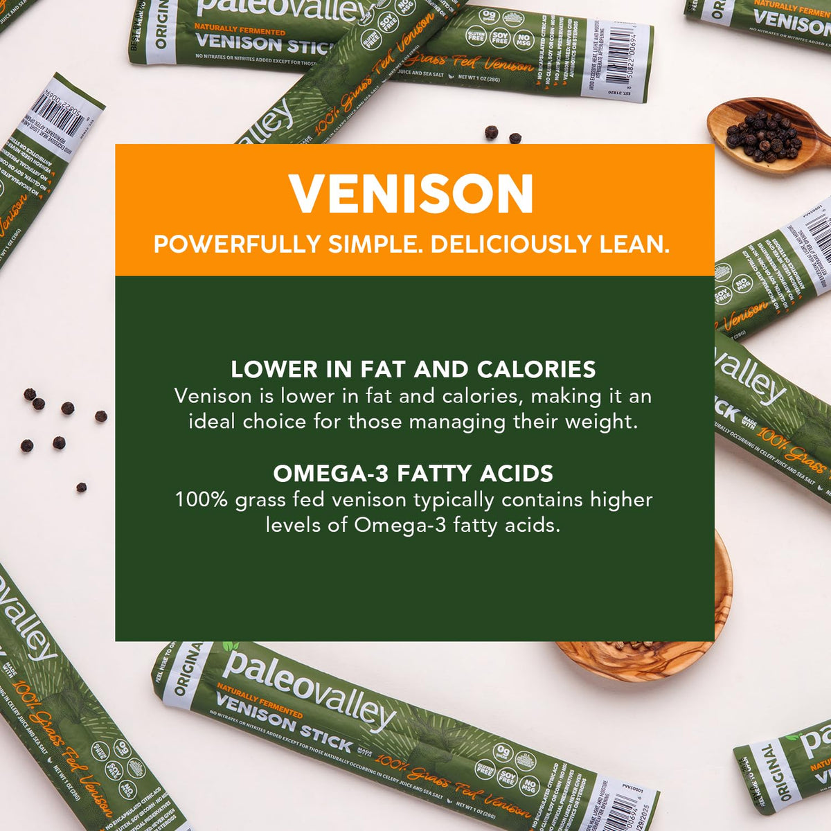 Paleovalley 100% Grass-Fed Venison Sticks – 10 Pack | Keto, High Protein, Low-Calorie Snack