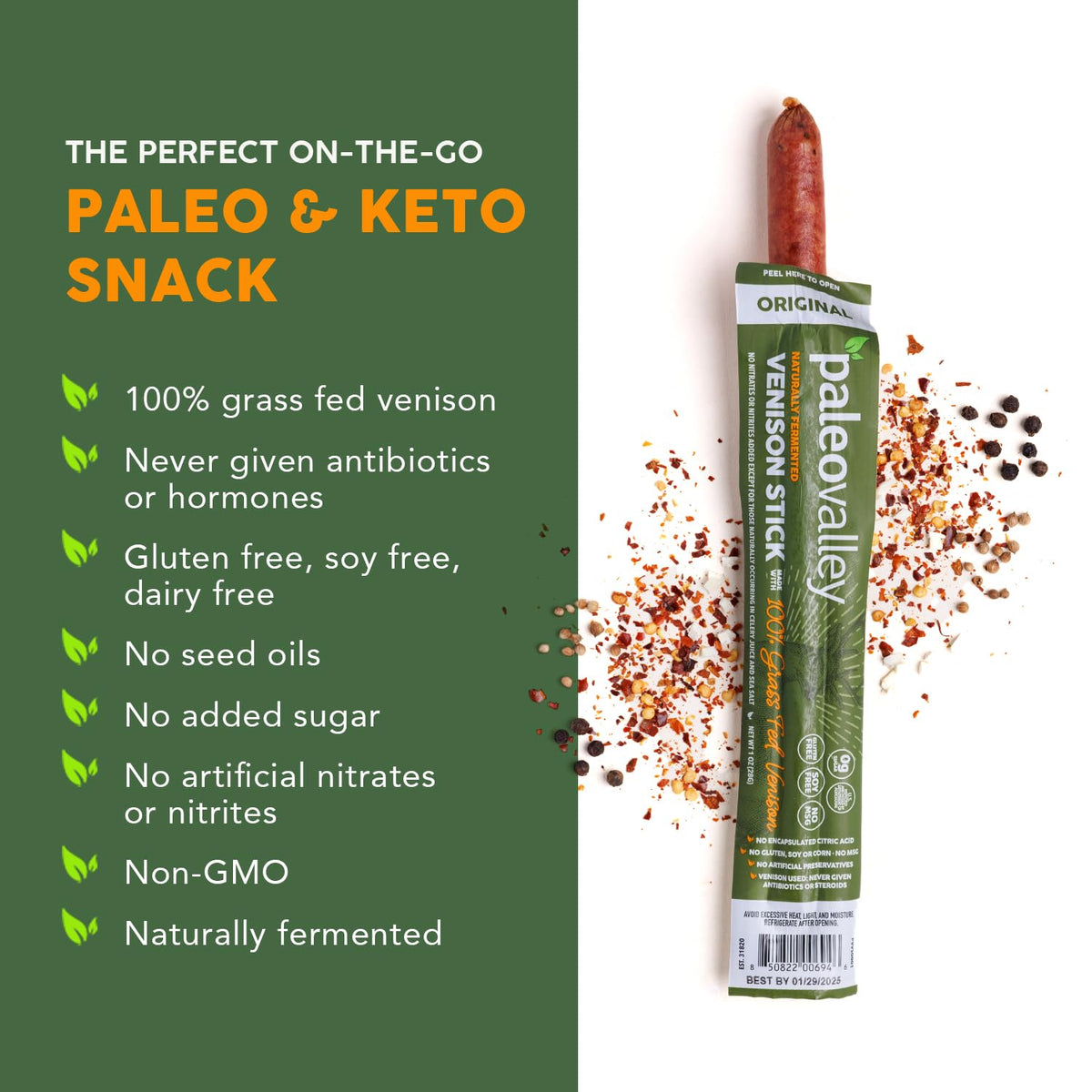 Paleovalley 100% Grass-Fed Venison Sticks – 10 Pack | Keto, High Protein, Low-Calorie Snack