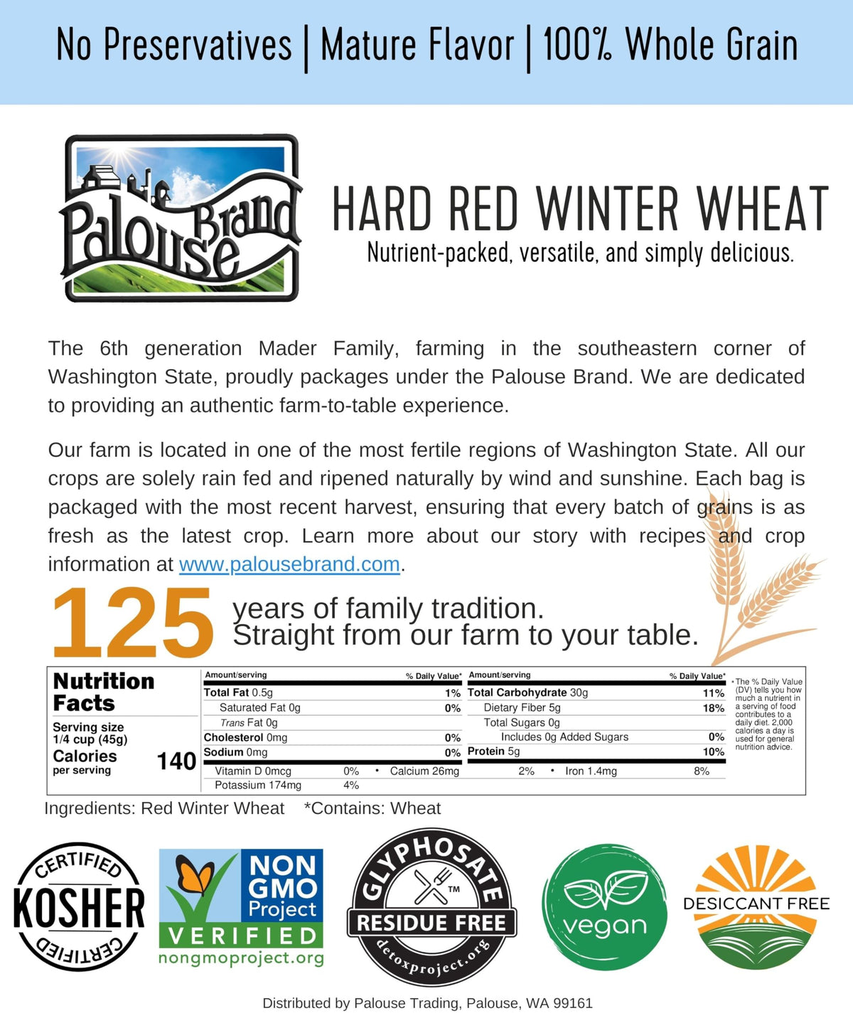Palouse Brand Glyphosate Residue Free Hard Red Winter Wheat Berries – 25 lb Bucket | Sproutable, Non-GMO, Kosher