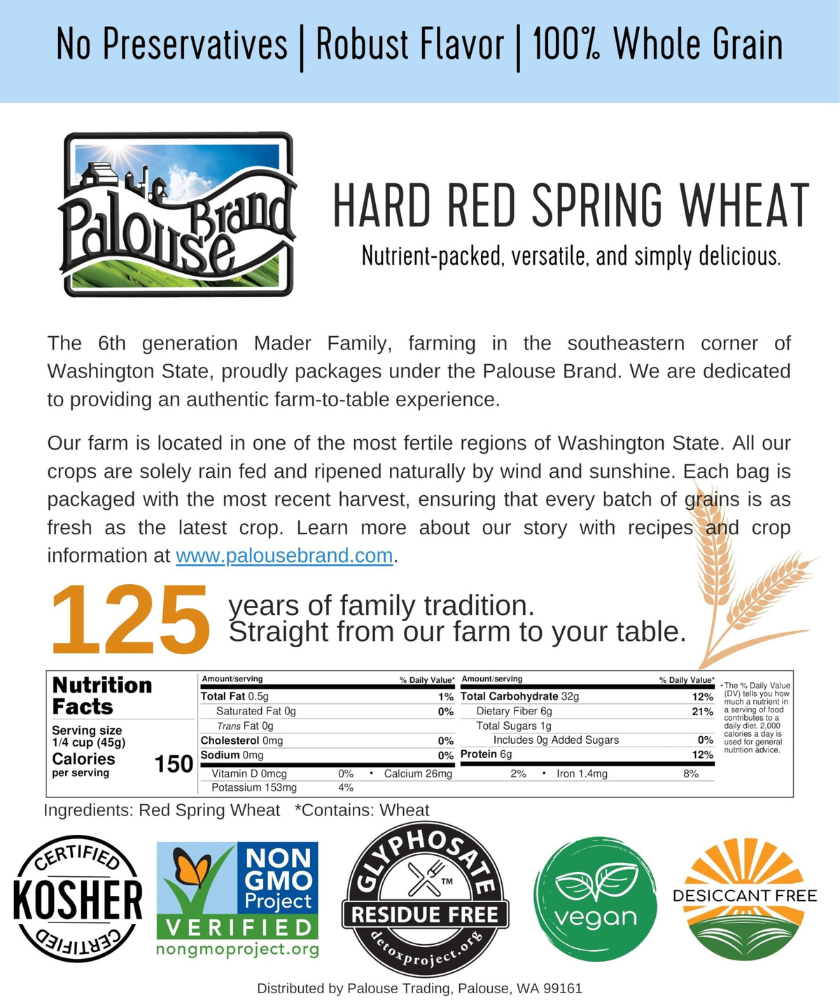 Palouse Brand Certified Glyphosate Residue Free Hard Red Spring Wheat Berries – 25 LBS | Sproutable, Non-GMO Project Verified, Kosher