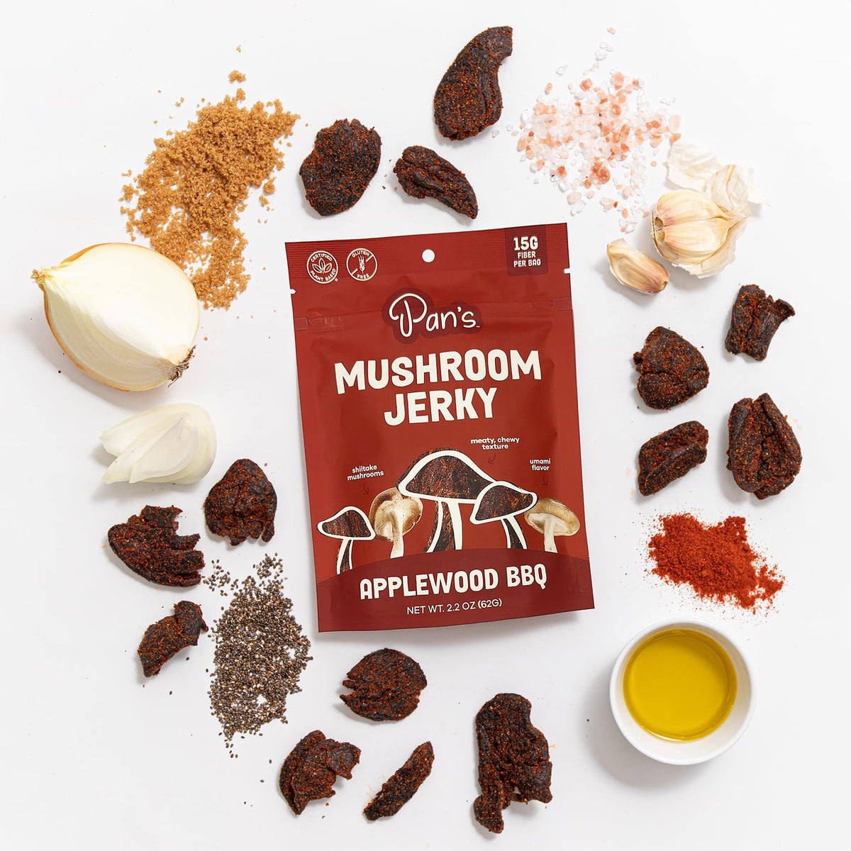 Pan's Mushroom Jerky – Applewood BBQ, Vegan, Gluten-Free, High-Fiber Snack (3 x 2.2 oz)