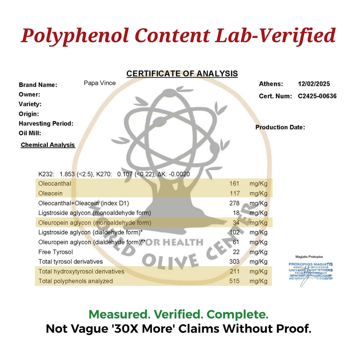 Papa Vince Hydroxytyrosol Olive Oil – Lab-Tested Polyphenols, First Cold Press, Sicilian Harvest 2024/25