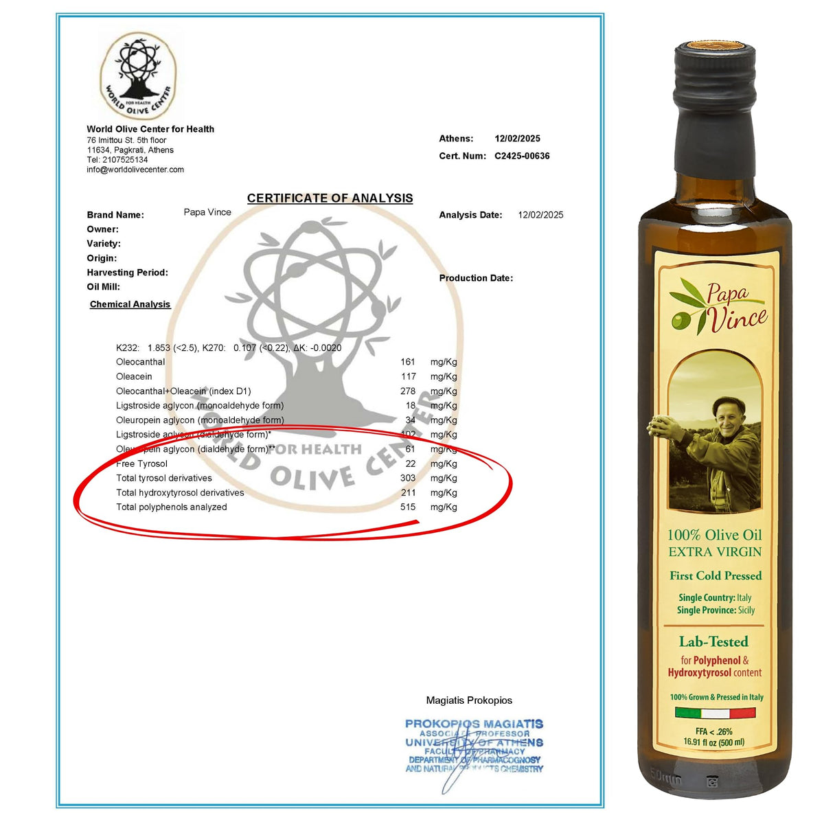 Papa Vince Olive Oil Extra Virgin – First Cold Press, Polyphenol Rich, Sicilian Harvest 2024/25