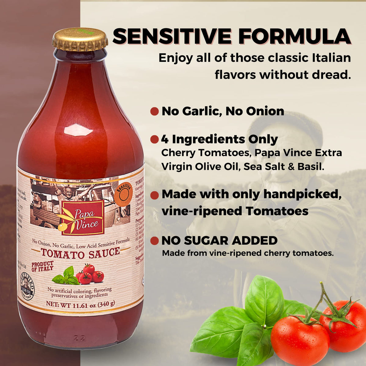 Papa Vince Pasta Tomato Sauce | Garlic-Free, Low Sodium, Gluten Free, Non-GMO, Sicily Organic Cherry Tomatoes, Small Batch