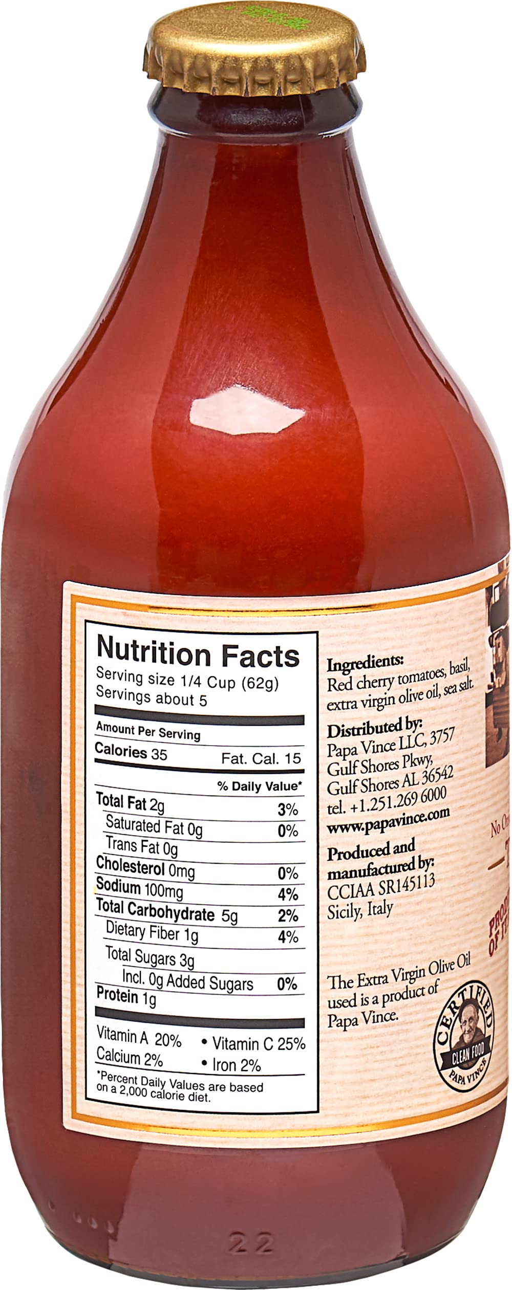Papa Vince Pasta Tomato Sauce | Garlic-Free, Low Sodium, Gluten Free, Non-GMO, Sicily Organic Cherry Tomatoes, Small Batch