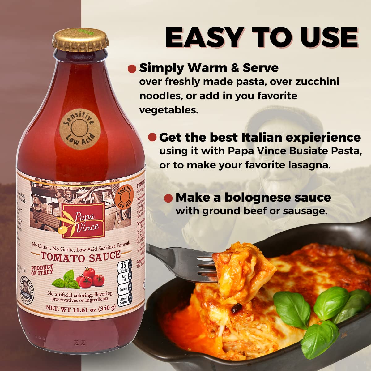 Papa Vince Pasta Tomato Sauce | Garlic-Free, Low Sodium, Gluten Free, Non-GMO, Sicily Organic Cherry Tomatoes, Small Batch