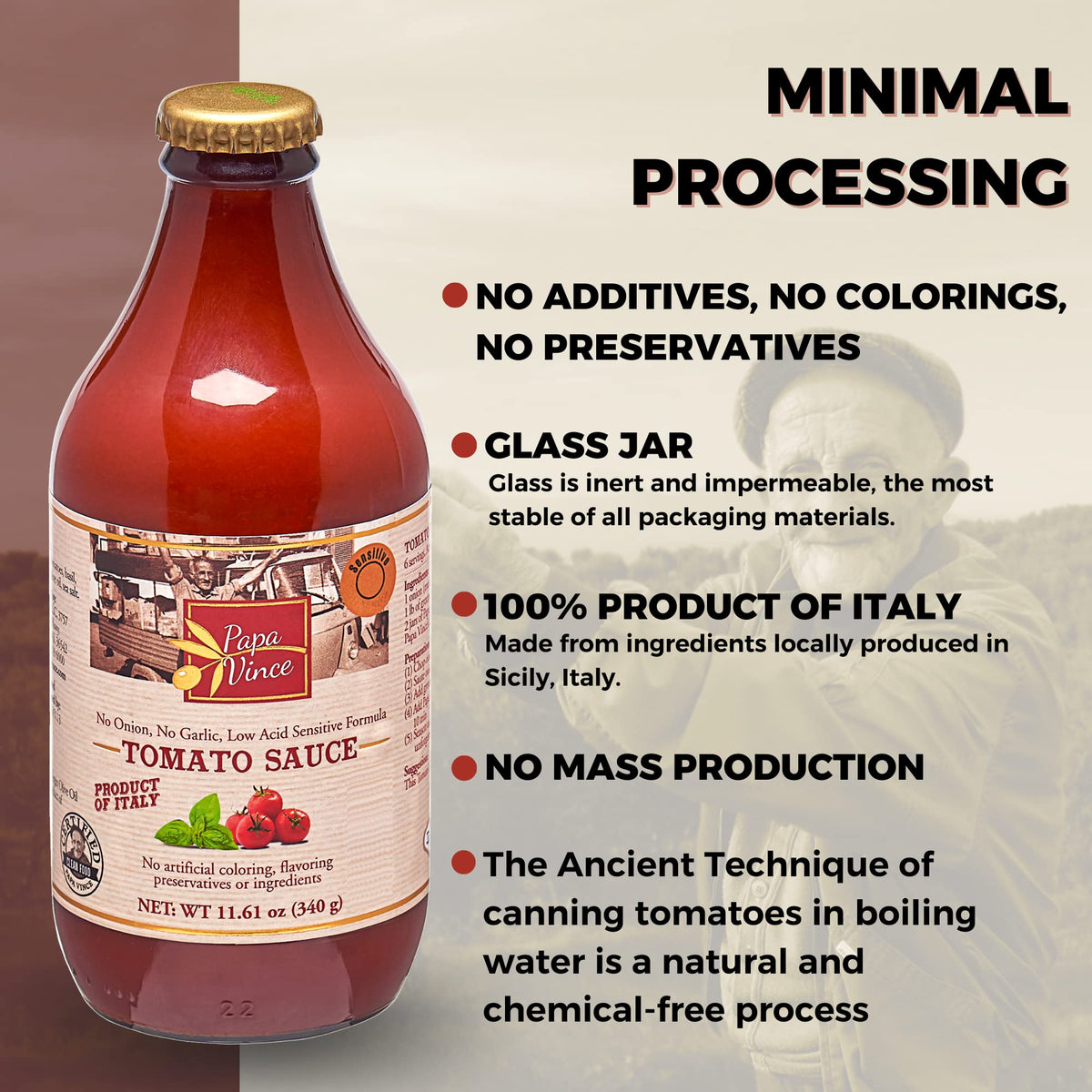 Papa Vince Pasta Tomato Sauce | Garlic-Free, Low Sodium, Gluten Free, Non-GMO, Sicily Organic Cherry Tomatoes, Small Batch