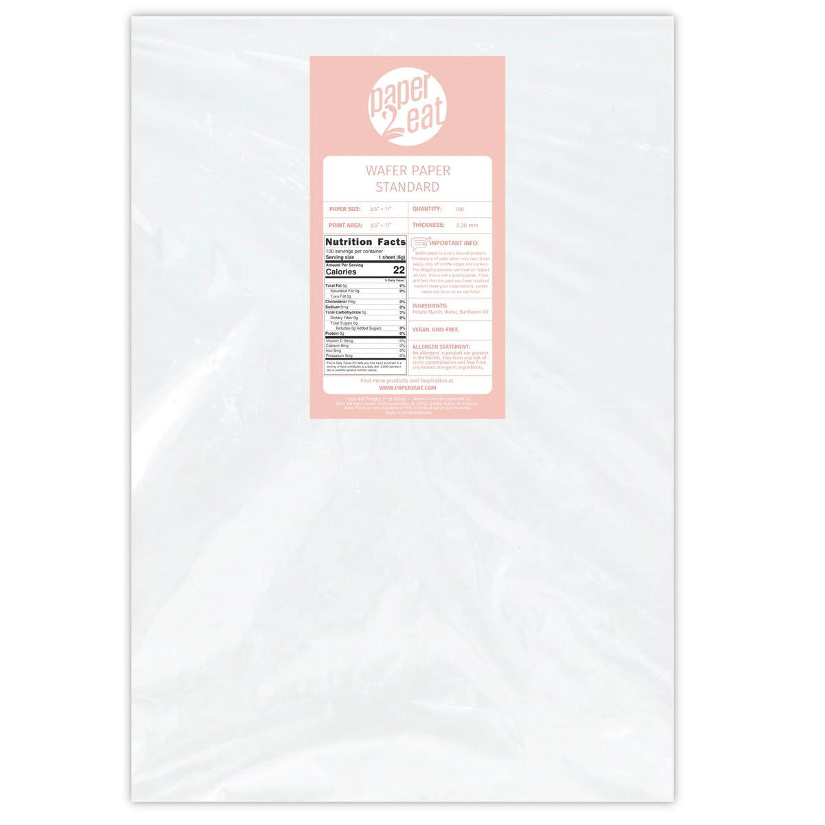 paper2eat Edible Wafer Paper Sheets – 8.5 x 11 in, 0.30 mm, 100 Count