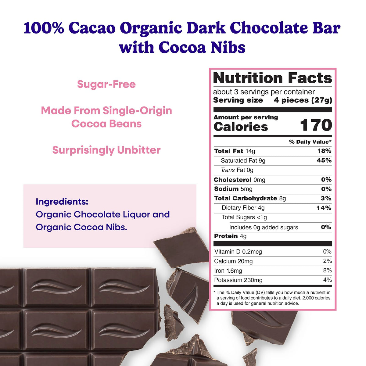 Pascha 100% Cacao Dark Chocolate with Cocoa Nibs – Organic, Gluten Free, Non-GMO, Sugar Free, Pack of 10 (2.82 oz each)