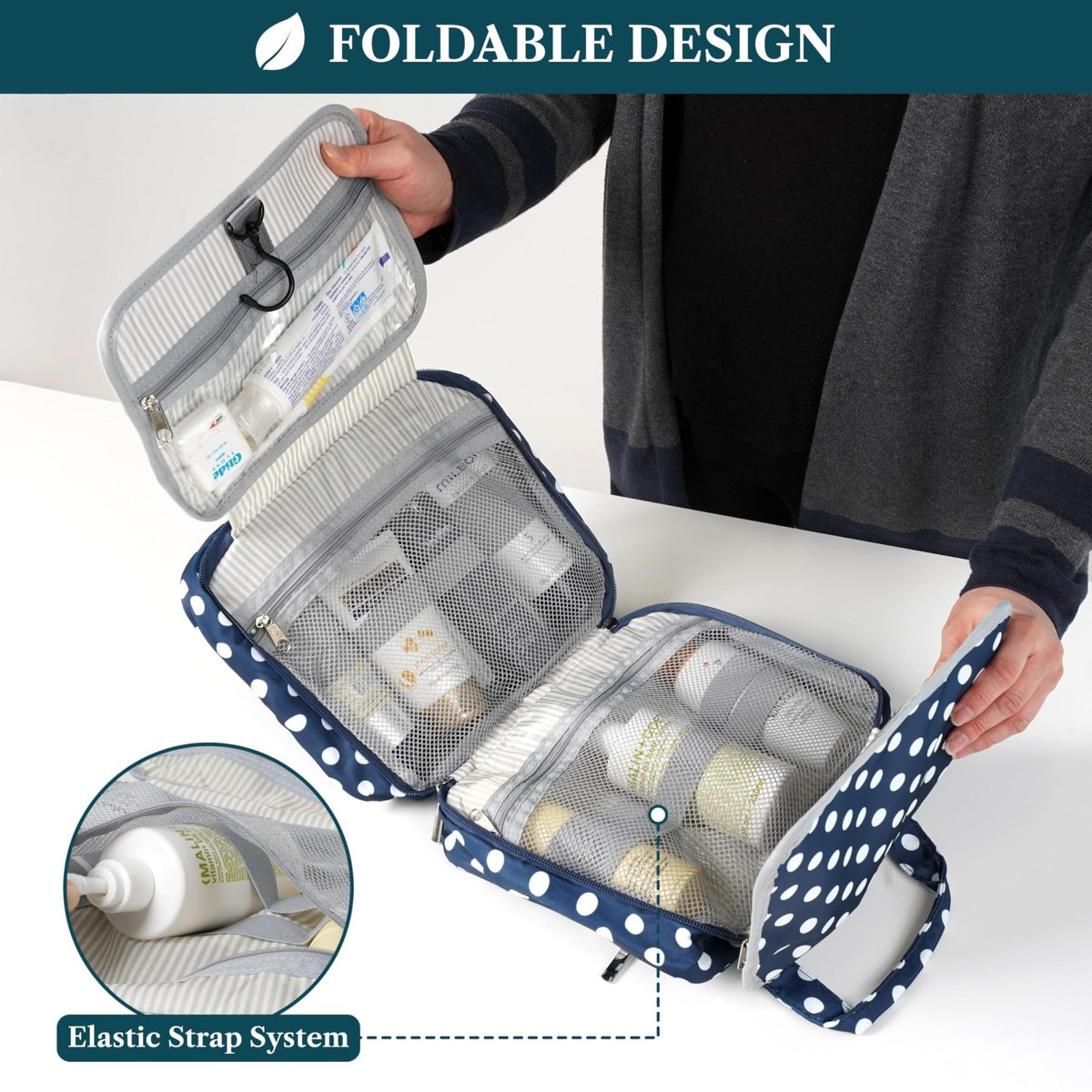 PAVILIA Hanging Toiletry Bag for Women, Portable Makeup Organizer, Navy Dot