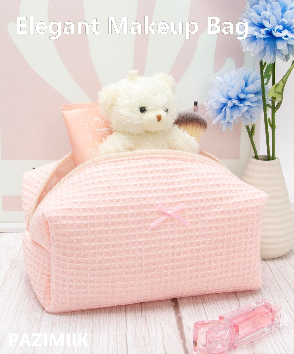 PAZIMIIK Cozy Makeup Bag for Women,Zipper Cosmetic Pouch,Waffle Pink,2 Pack