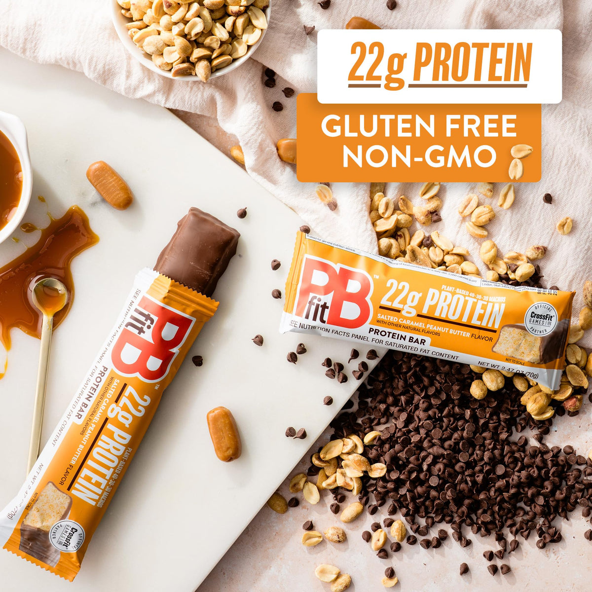 PBfit Salted Caramel Peanut Butter Protein Bars - 22g Plant-Based Protein, Gluten Free, Vegan, 40-30-30 Macros, 2.47 oz Pack of 12