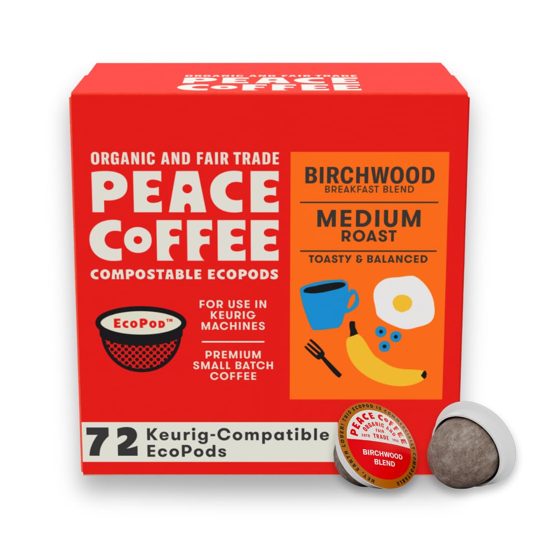 Peace Coffee Birchwood Breakfast Blend Pods – Medium Roast, Compostable, 72 Count, Organic & Fair Trade