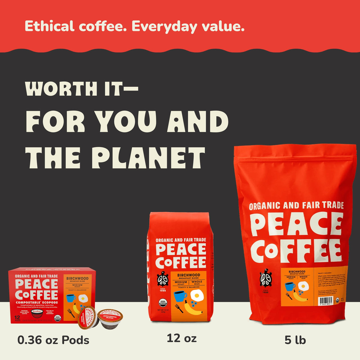 Peace Coffee Birchwood Breakfast Blend Pods – Medium Roast, Compostable, 72 Count, Organic & Fair Trade