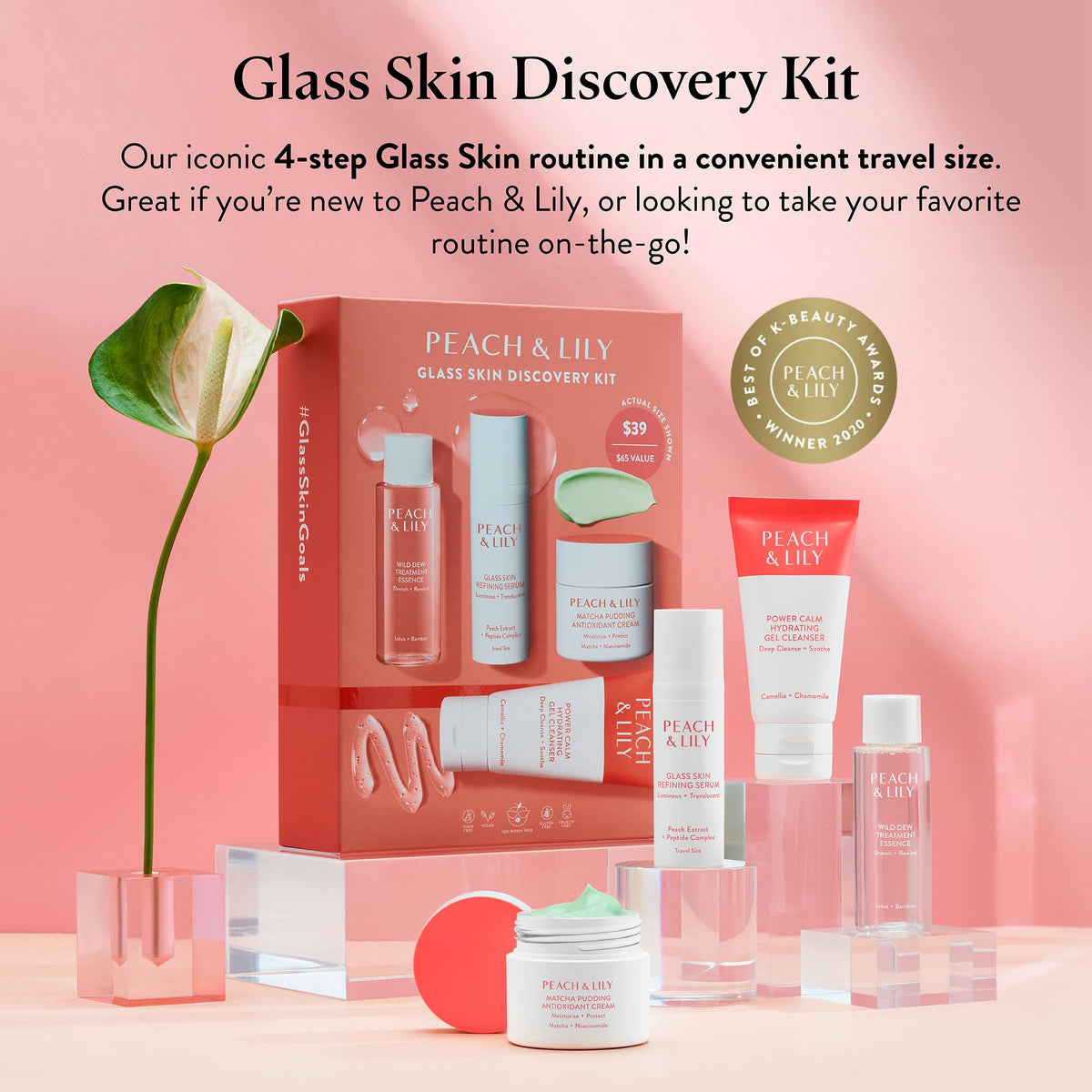 Peach & Lily - Glass Skin Discovery Kit (4 Products) - 1 Cleanser, 1 Essence, 1 Serum & 1 Cream - Skin Care Set - Acne Routine - Travel Essentials - Self Care - Vegan & Cruelty Free - Korean Beauty