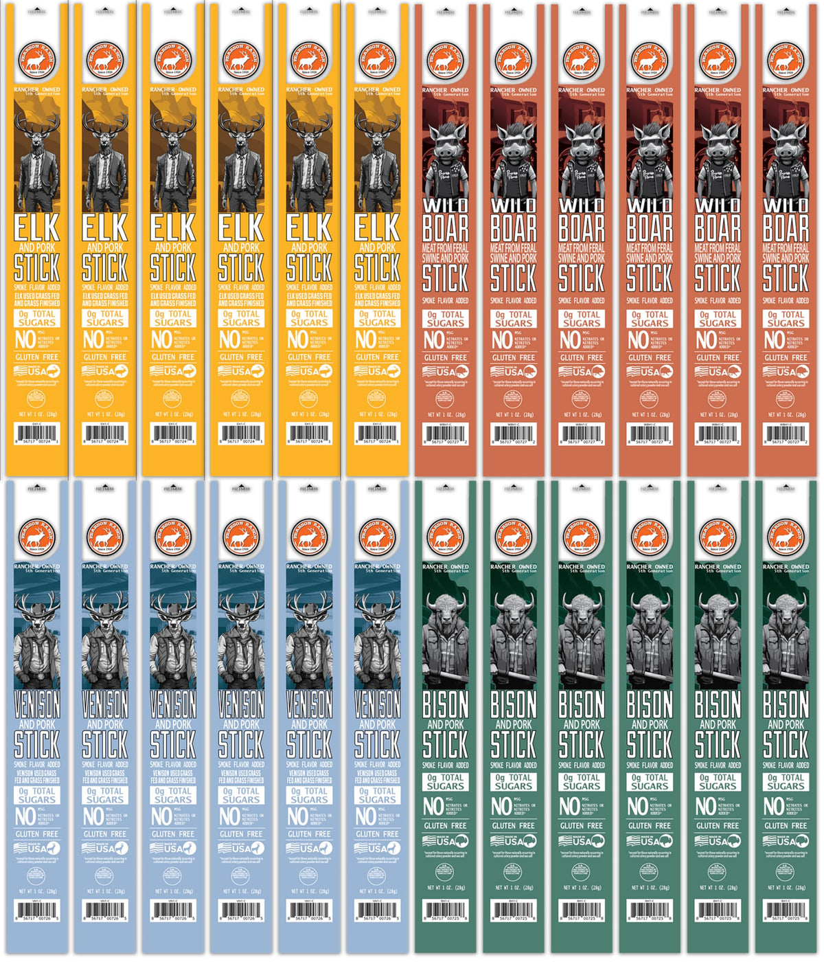 Pearson Ranch Game Meat Sticks Variety Pack – Elk, Bison, Venison & Wild Boar | No Nitrites, High-Protein, Paleo & Keto Friendly