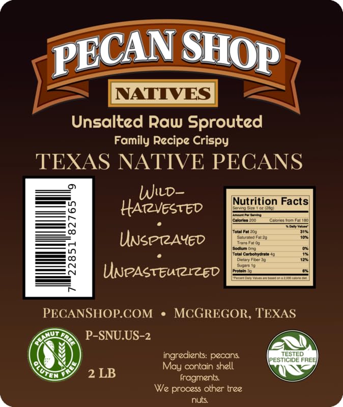 Pecan Shop Unsalted Sprouted Raw Texas Native Pecans – 2 lb, Wild-Harvested & Family Recipe Crispy