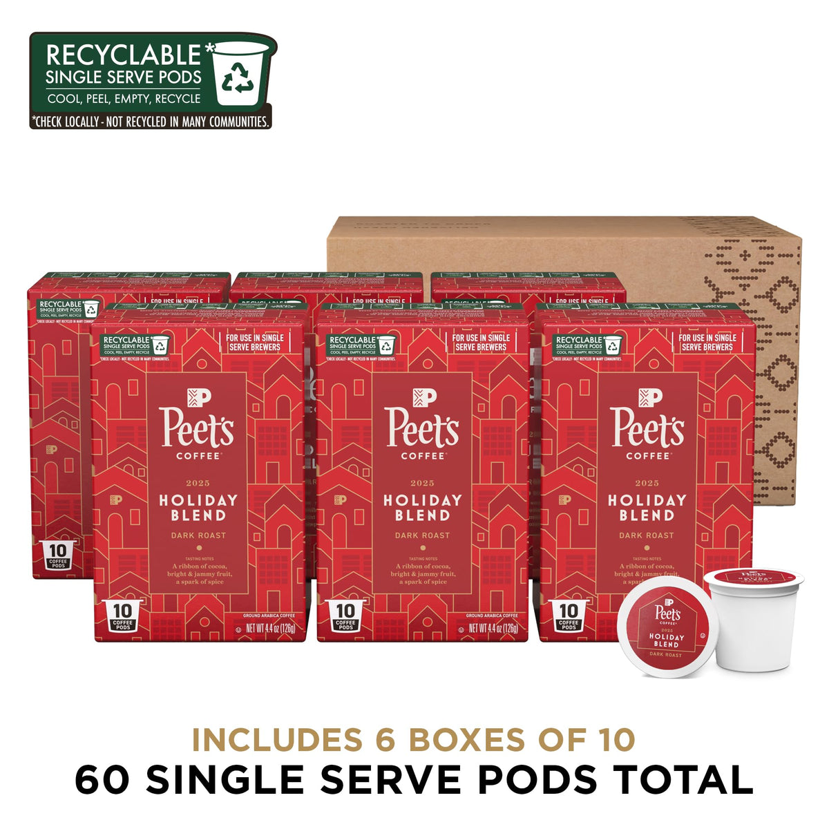 Peet's Coffee Holiday Blend Dark Roast K-Cup Pods – 60 Count (6 Boxes) | 100% Arabica