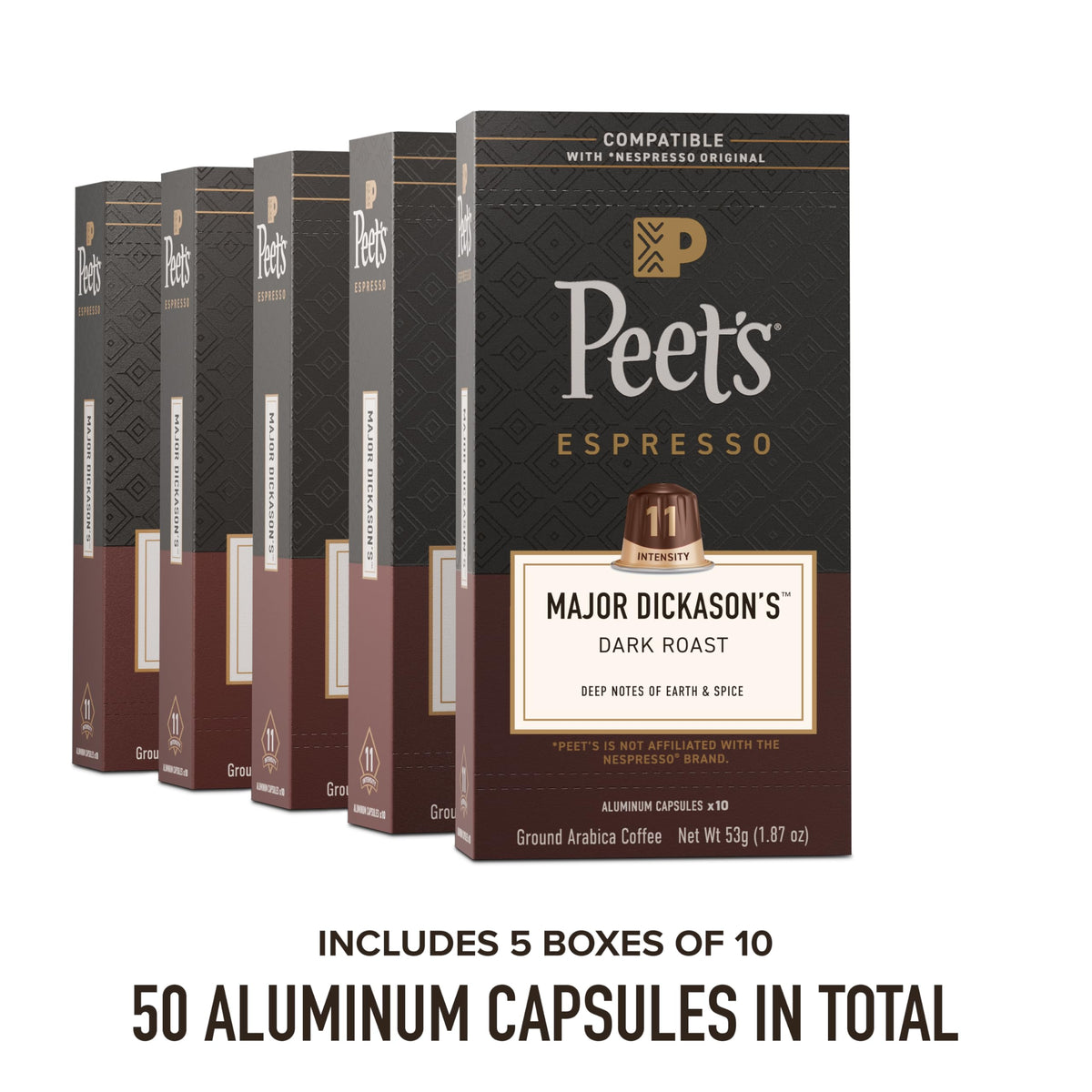 Peet's Coffee Major Dickason's Blend Intensity 11 Espresso Capsules – 50-Count, Nespresso Original Compatible