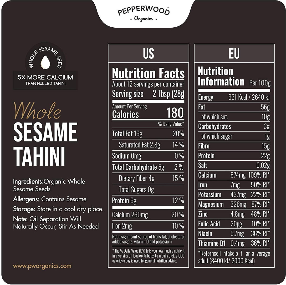Pepperwood Organics Organic Whole Sesame Tahini Paste – 6.6lb Bulk Bucket, Unhulled, Stone-Ground, Unsalted, Kosher, Paleo, Keto