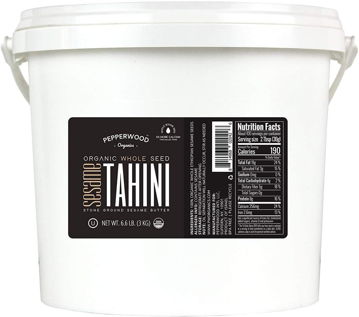 Pepperwood Organics Organic Whole Sesame Tahini Paste – 6.6lb Bulk Bucket, Unhulled, Stone-Ground, Unsalted, Kosher, Paleo, Keto