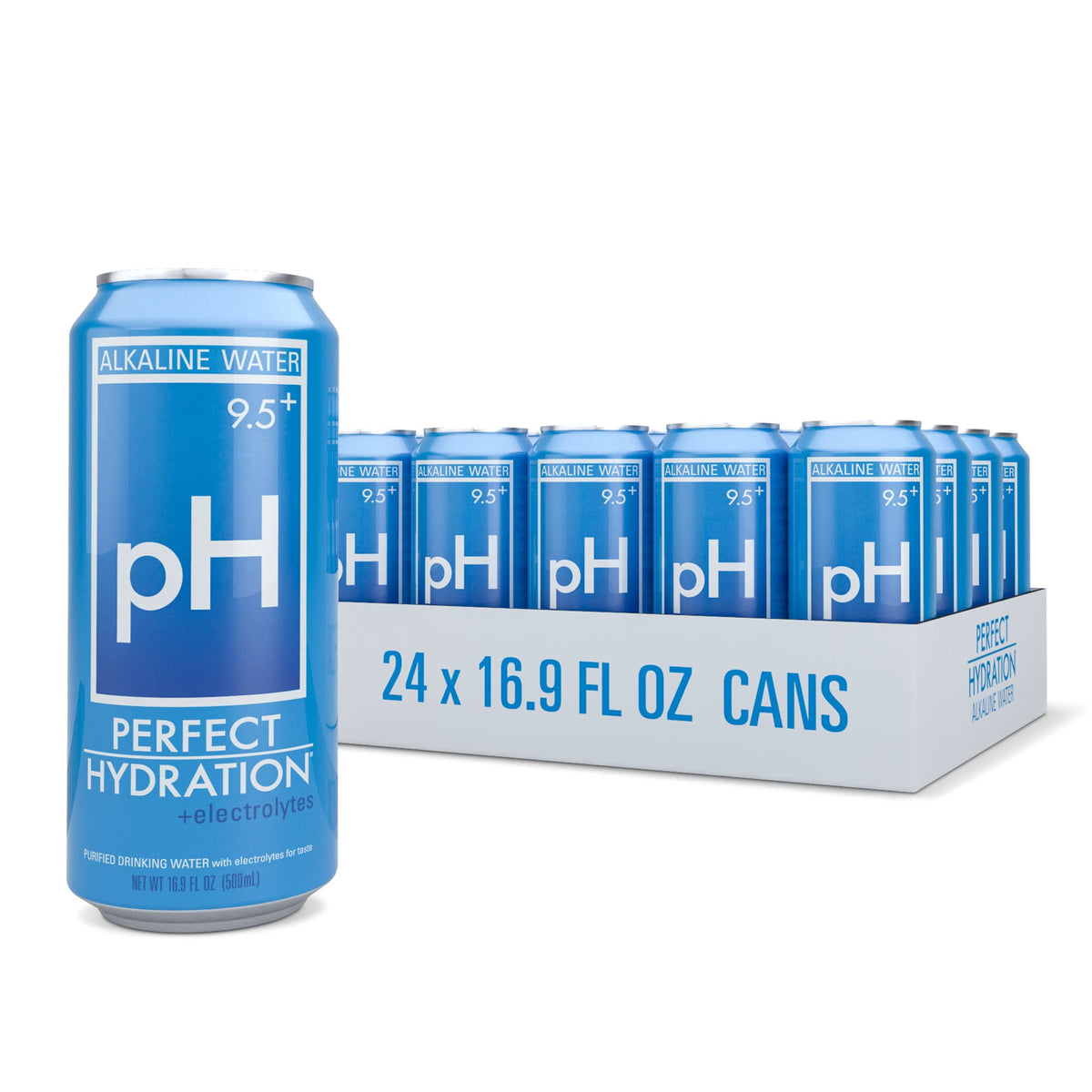 Perfect Hydration 9.5+ pH Alkaline Water | 9x Purified, Electrolyte Minerals | 16.9 oz Aluminum Cans | Pack of 24 | Made in USA
