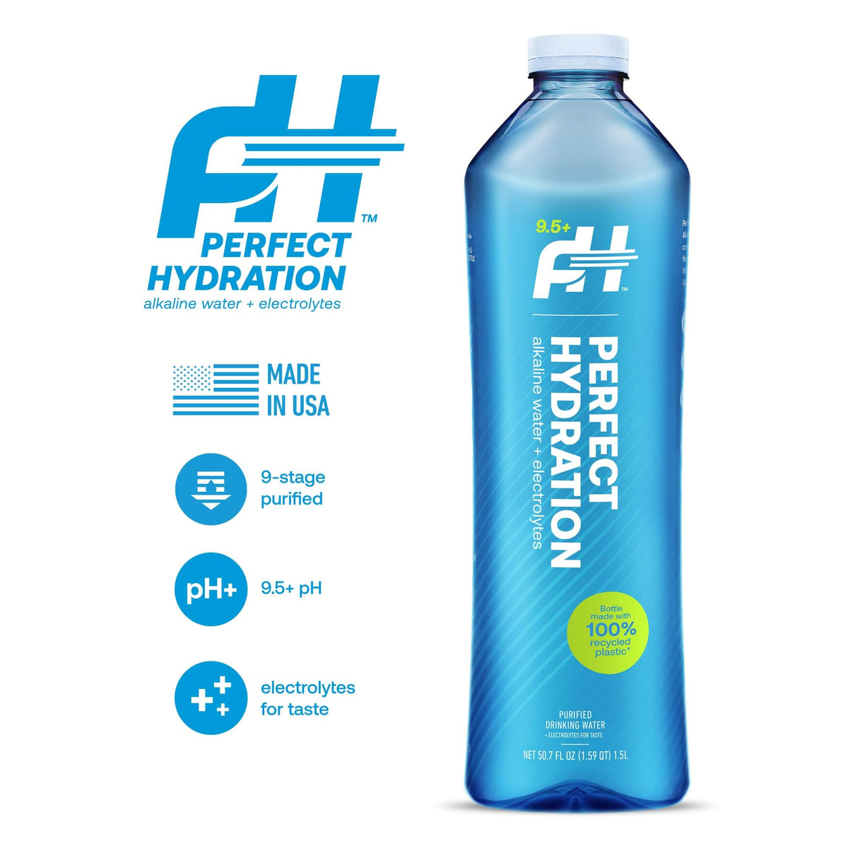 Perfect Hydration 9.5+ pH Alkaline Water – 1.5L Bottle, Case of 12 – Made in USA