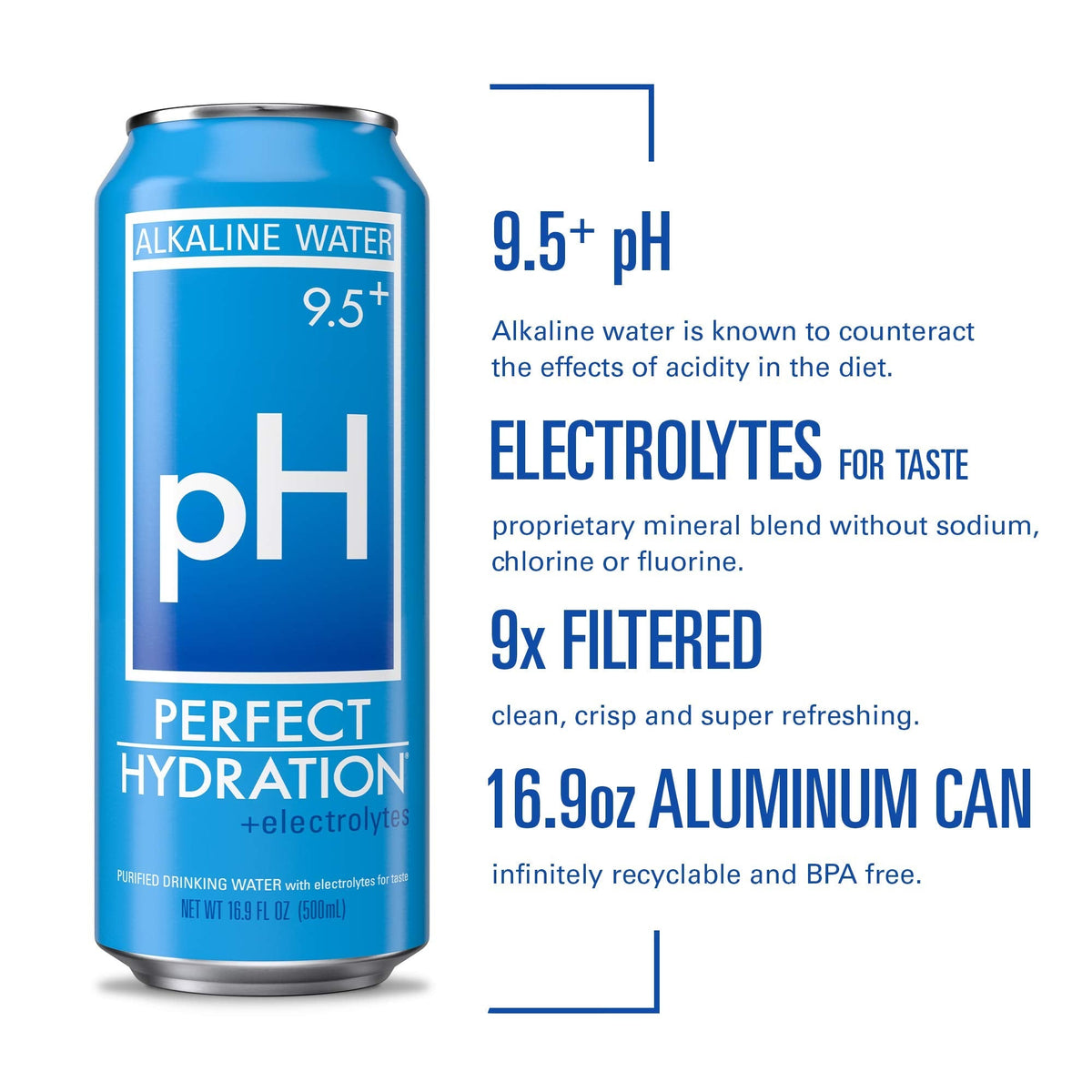 Perfect Hydration 9.5+ pH Alkaline Water | 9x Purified, Electrolyte Minerals | 16.9 oz Aluminum Cans | Pack of 24 | Made in USA