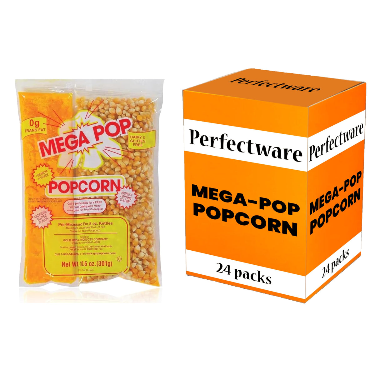 Perfectware 10.6oz Popcorn Portion Packets — Case of 24 Pre-Measured Kernels & Coconut Oil