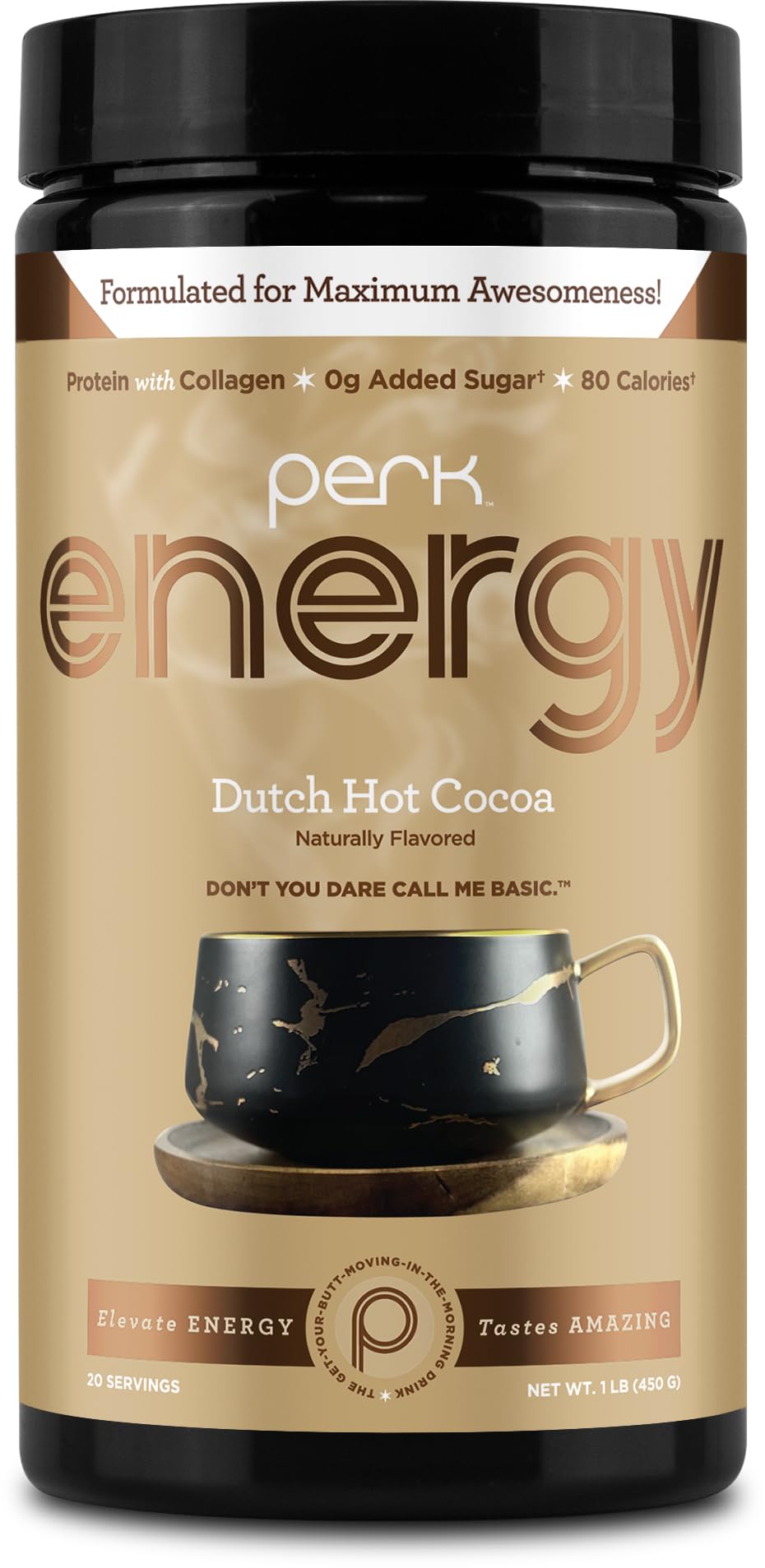 Perk Energy Drink Mix — Dutch Hot Cocoa, 20 Servings, 100mg Caffeine, 9g Protein