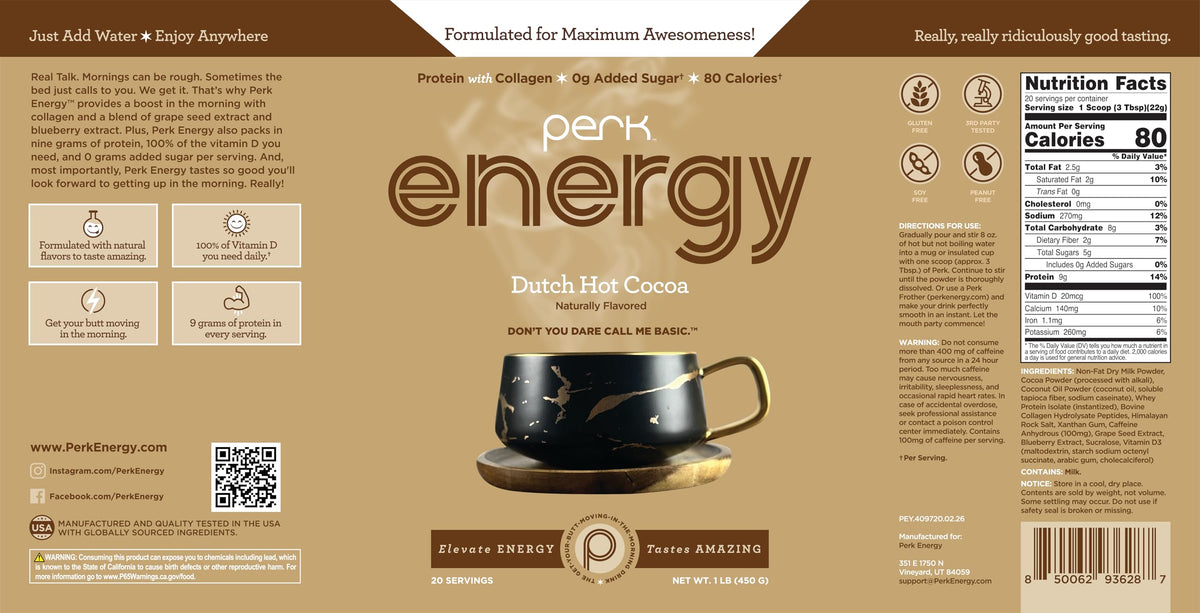 Perk Energy Drink Mix — Dutch Hot Cocoa, 20 Servings, 100mg Caffeine, 9g Protein