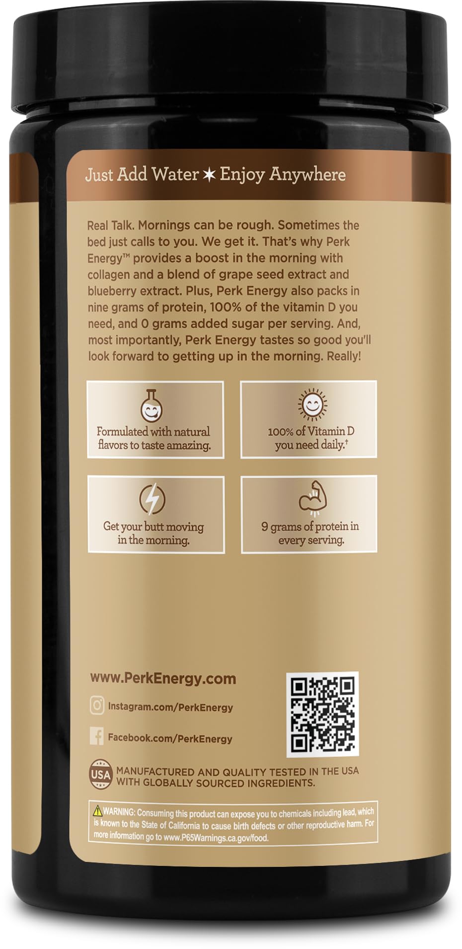 Perk Energy Drink Mix — Dutch Hot Cocoa, 20 Servings, 100mg Caffeine, 9g Protein