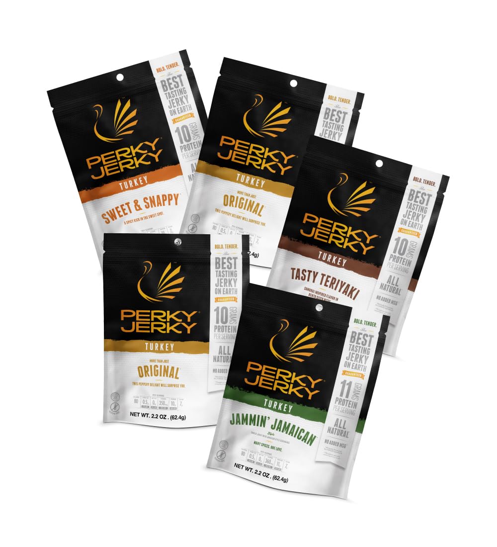 Perky Jerky Turkey Jerky Variety Pack – 5 x 2.2 oz, Low Sodium, High Protein