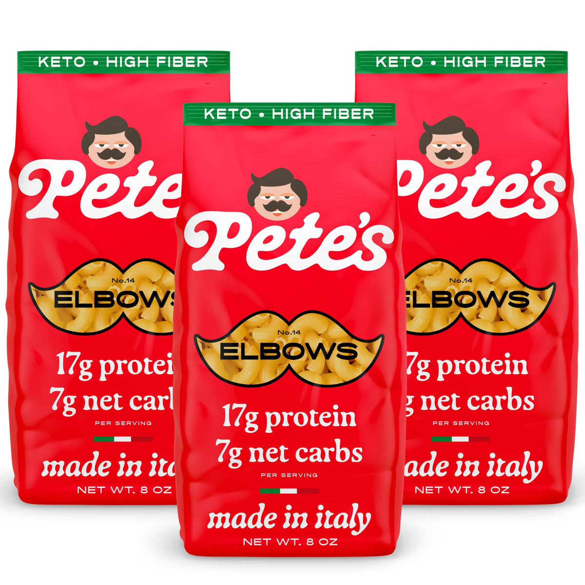 Pete's Pasta Low Carb Elbow Macaroni – 17g Protein, 7g Carbs | Made in Italy, 3-Pack (8oz each)