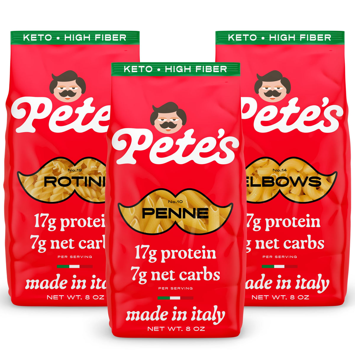 Pete's Pasta – Low Carb Protein Pasta 3-Pack (Penne, Rotini, Elbow) 7g Carbs, 17g Protein | Made in Italy