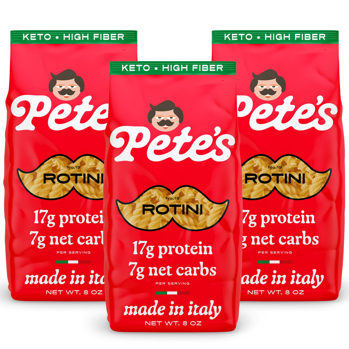 Pete's Pasta Rotini – 17g Protein, 7g Carbs | 3-Pack, 8oz | Made in Italy